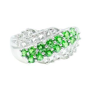 Sterling Silver Synthetic Emerald & White Zircon Ring Size 8